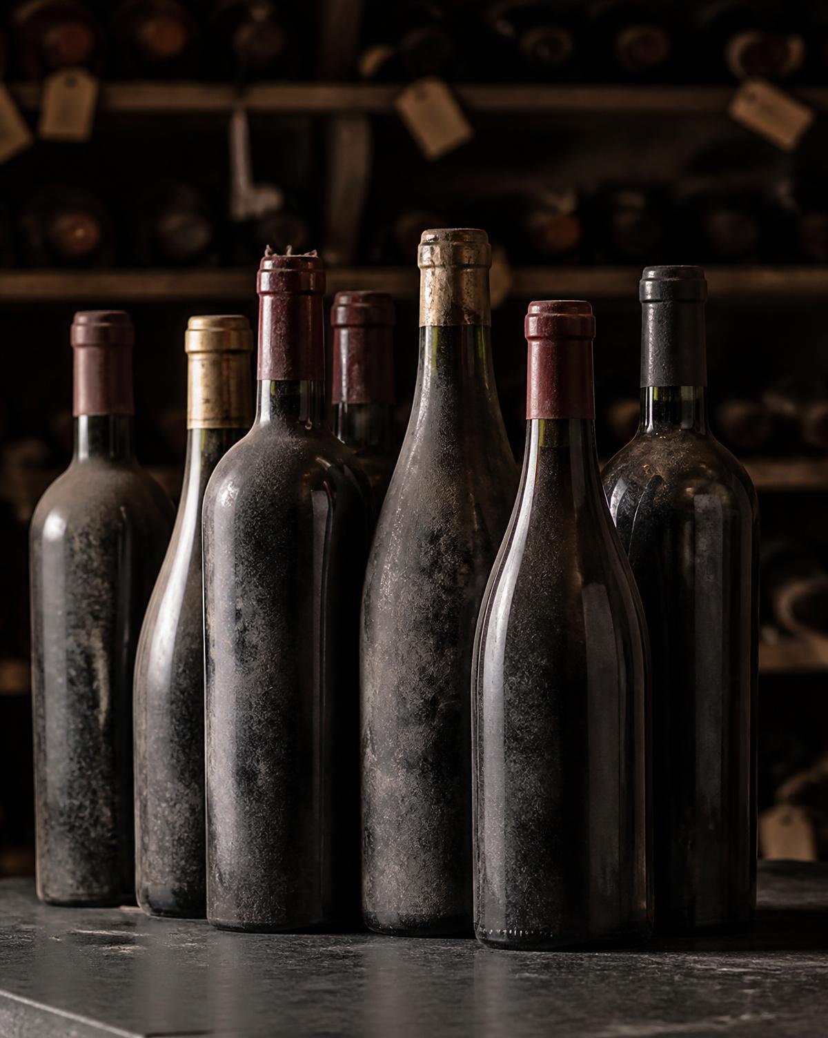 Aged fine wine bottles resting on dark stone in a private cellar