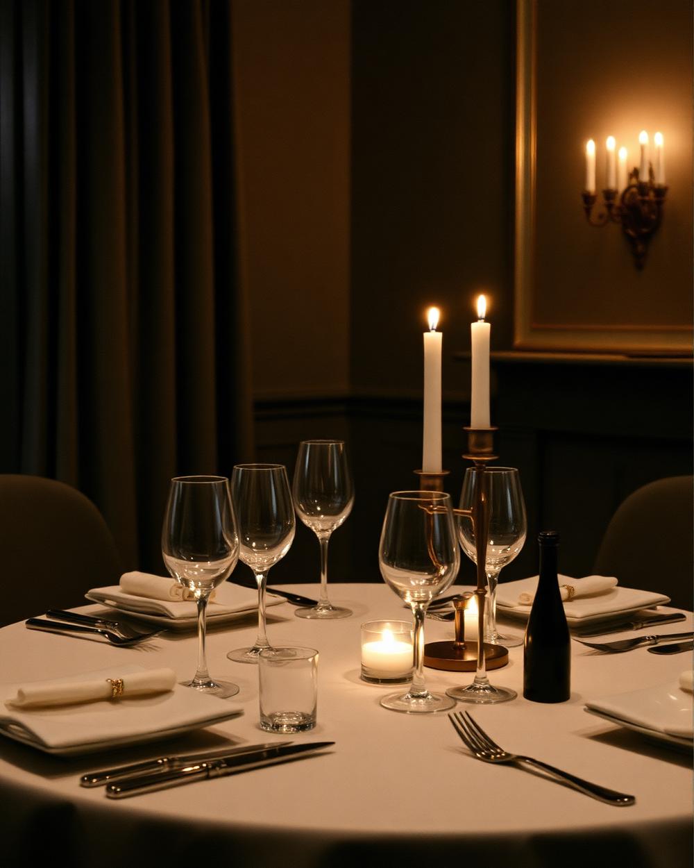 An elegant private dining table laid with fine glassware and candles