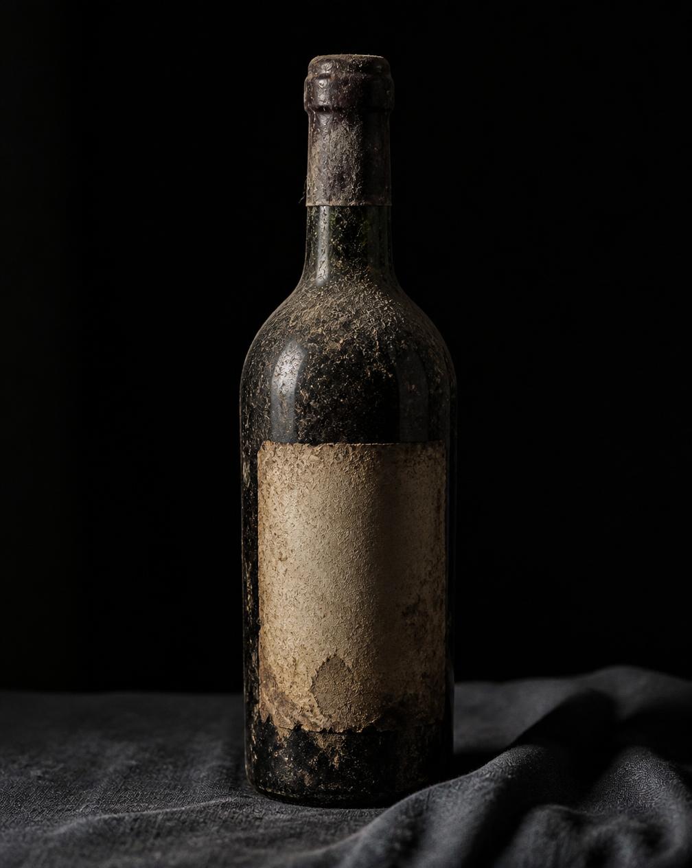 A single very old rare wine bottle on dark linen